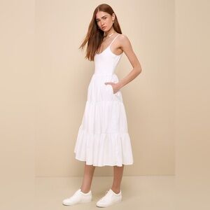 Lulu’s Loveable Cuties White Sleeveless Tiered Midi Dress Pockets Womens Size XS